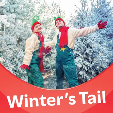 Winter's tail graphic - two elves with arms wide open in a snowy background